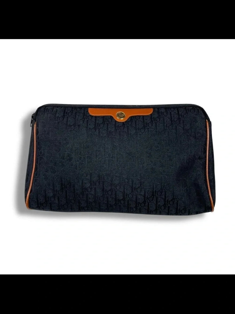 Dior Navy Canvas and Tan Trim Zip Clutch